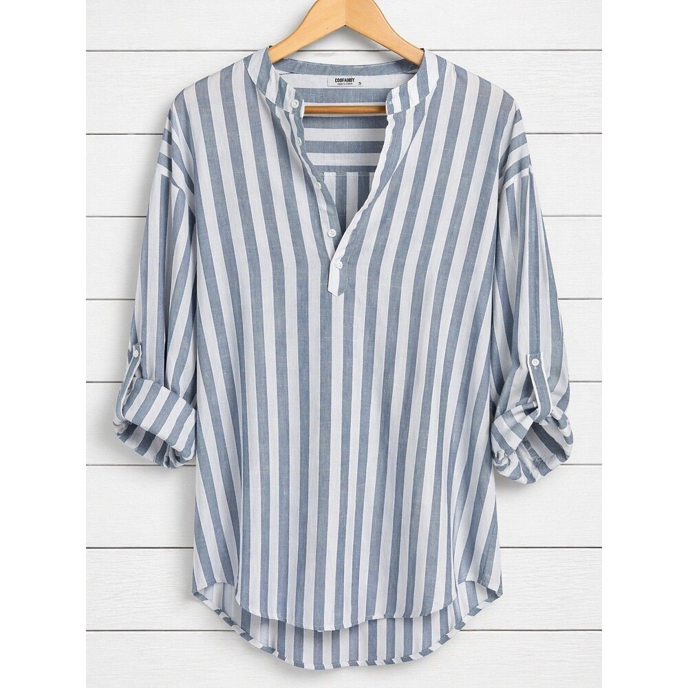 Coofandy Mens XXL Cotton Hemp Gray Striped Long Roll Tab Sleeve Henley Shirt